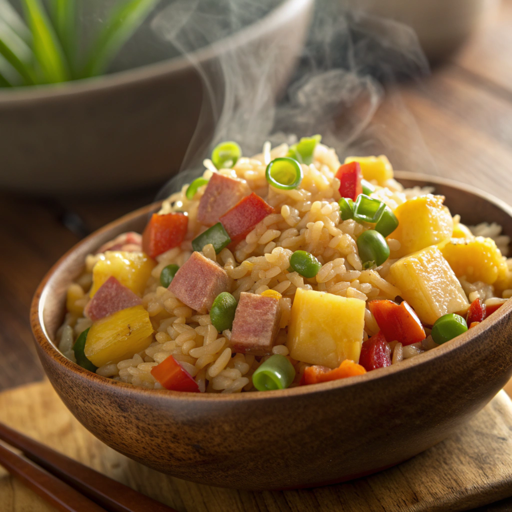 Hawaiian Fried Rice 1 Close-up of Hawaiian fried rice with Spam, pineapple, bell peppers, and green onions served in a rustic bowl.