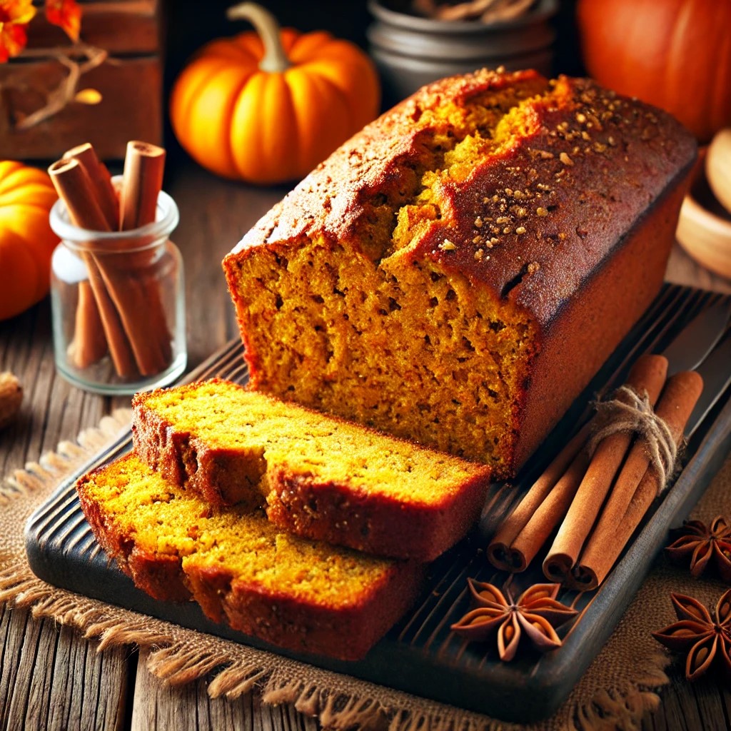 Freshly baked Pumpkin Banana Loaf on a wooden cutting board with slices showing a dense, spiced interior, surrounded by autumnal elements.