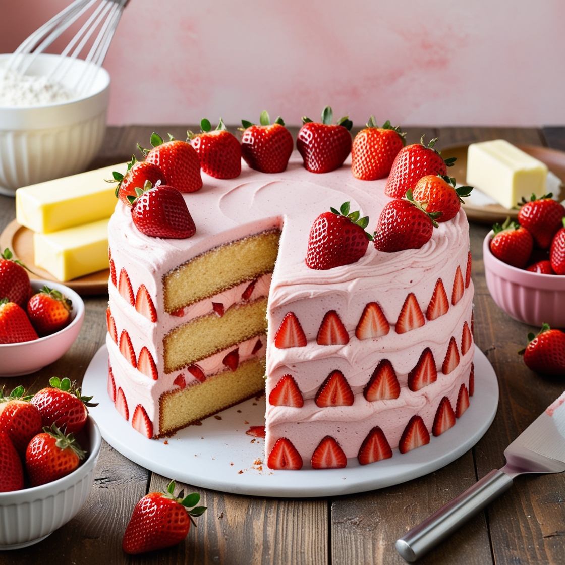 Strawberry Cake from Scratch with Fresh Strawberries