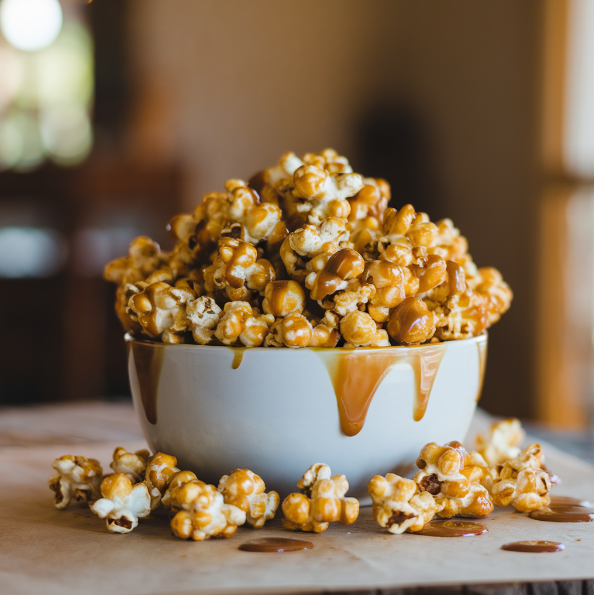 Close-up of caramel popcorn with a whole egg on the side, illustrating the secret ingredient for enhanced flavor and texture.