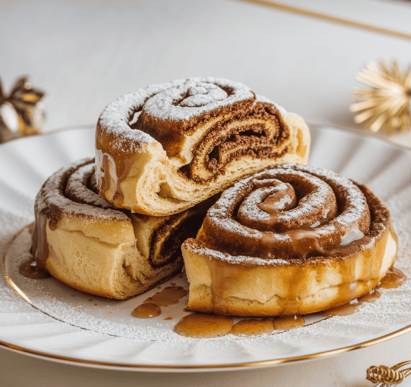 Freshly baked Cinnabon cinnamon roll showcasing the rich, gooey texture and signature Makara cinnamon swirl.