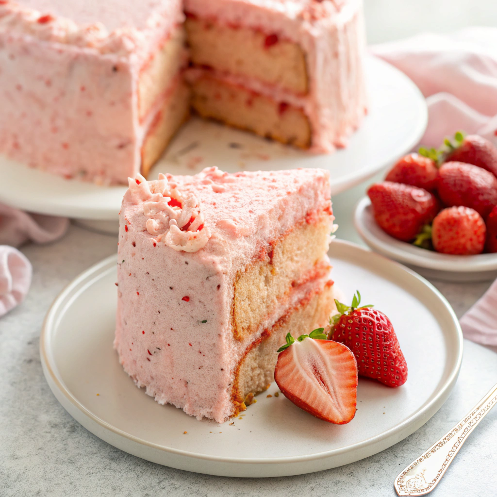 A close-up of a moist strawberry layer cake with fluffy strawberry frosting and fresh strawberries.