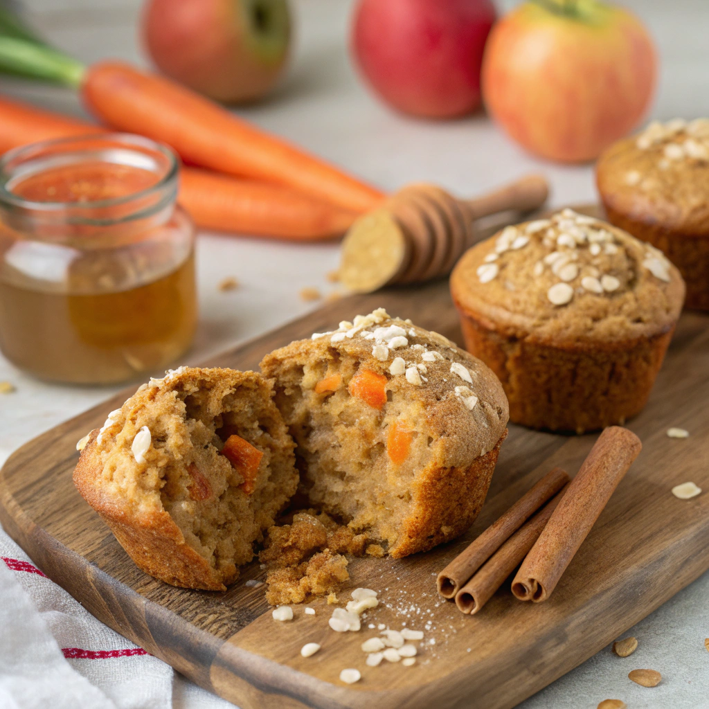 Freshly baked apple carrot muffins with a golden-brown texture and moist interior.