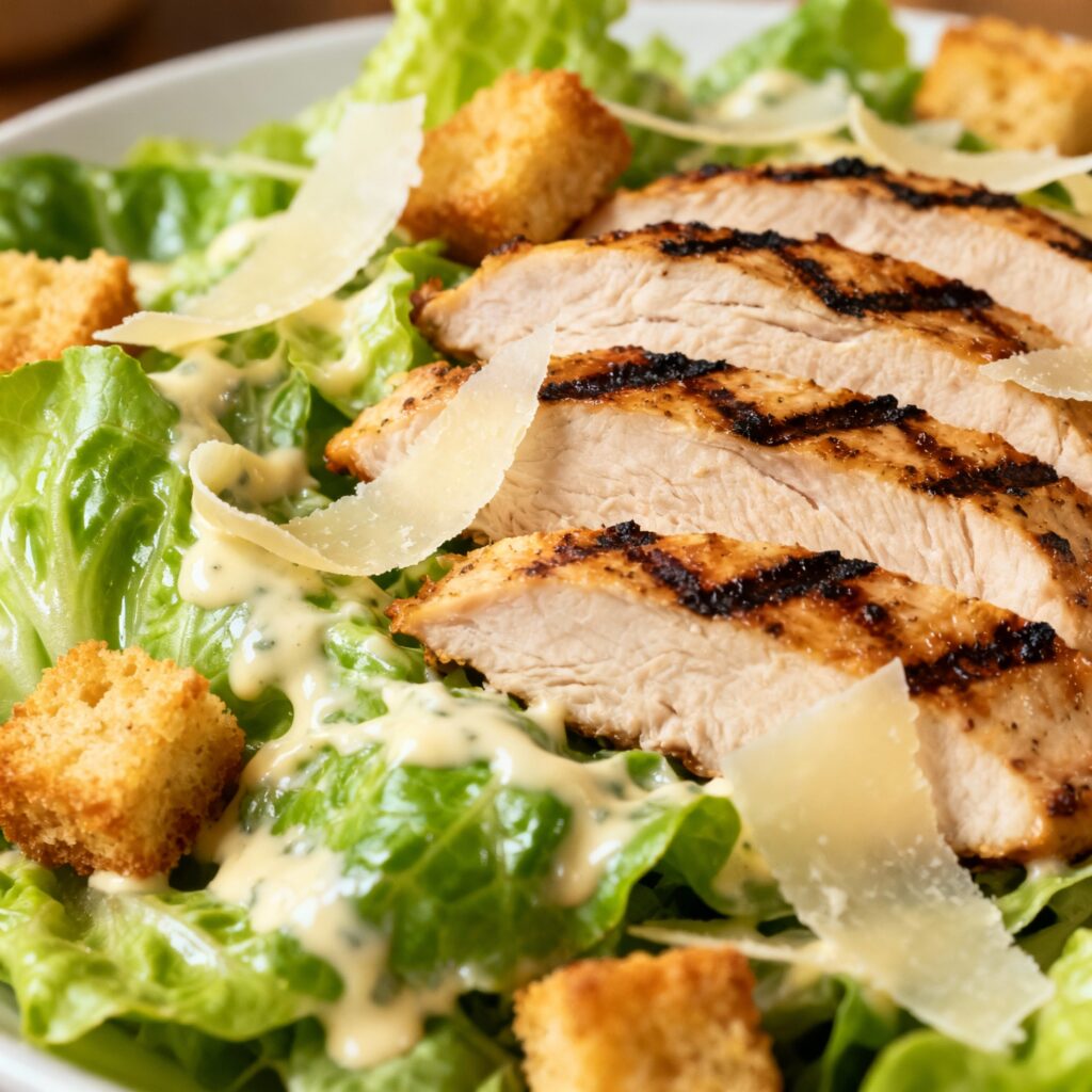 Chicken Caesar Salad with grilled chicken, romaine lettuce, croutons, and shaved Parmesan, served with creamy Caesar dressing.