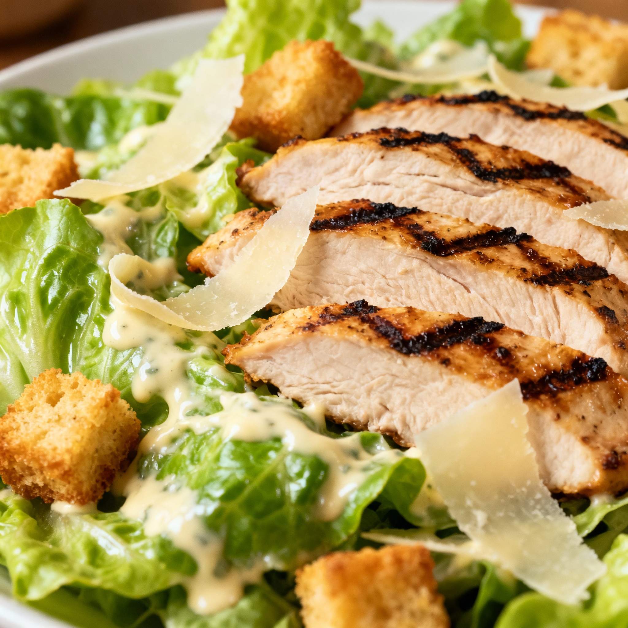 Chicken Caesar Salad with grilled chicken, romaine lettuce, croutons, and shaved Parmesan, served with creamy Caesar dressing.