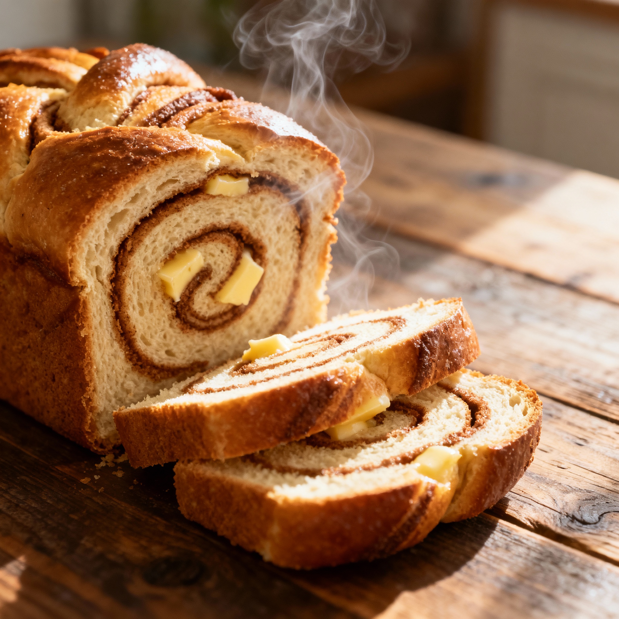 Freshly baked Joanna Gaines Cinnamon Swirl Bread sliced on a rustic wooden table, showing golden crust and cinnamon sugar swirl in soft, fluffy bread.