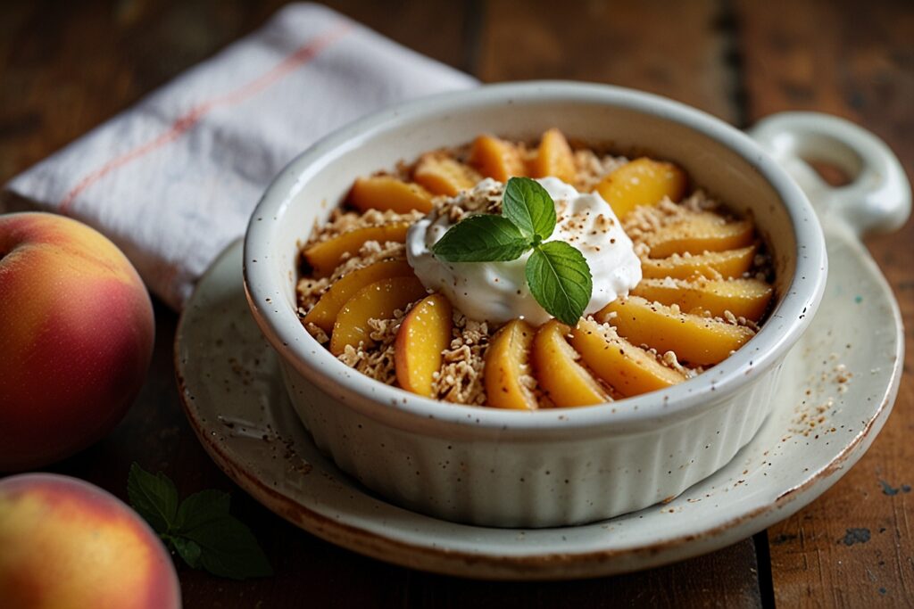 Peach and Pear Dessert with a golden crisp topping and fresh fruit garnish.