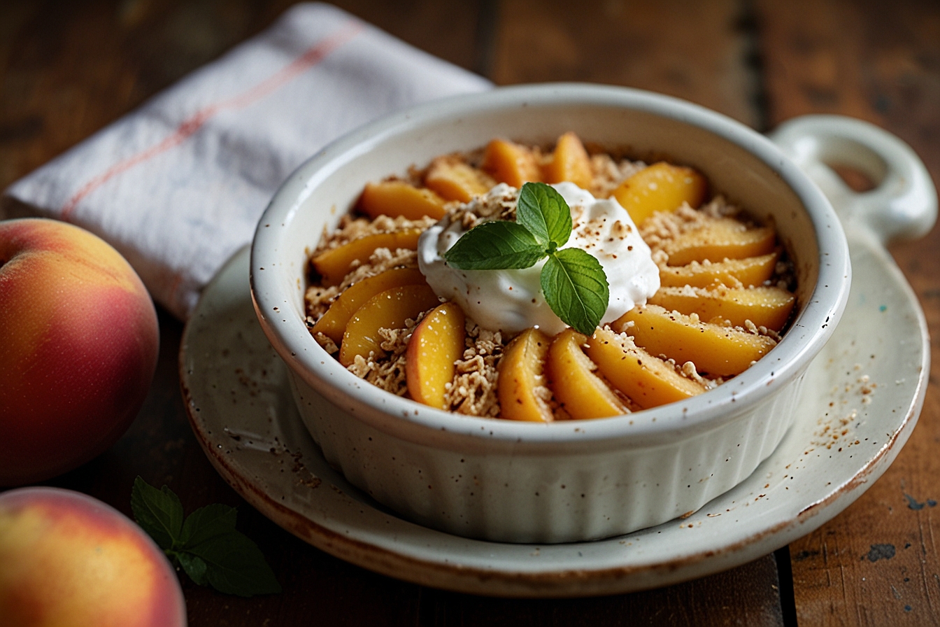 Peach and Pear Dessert with a golden crisp topping and fresh fruit garnish.