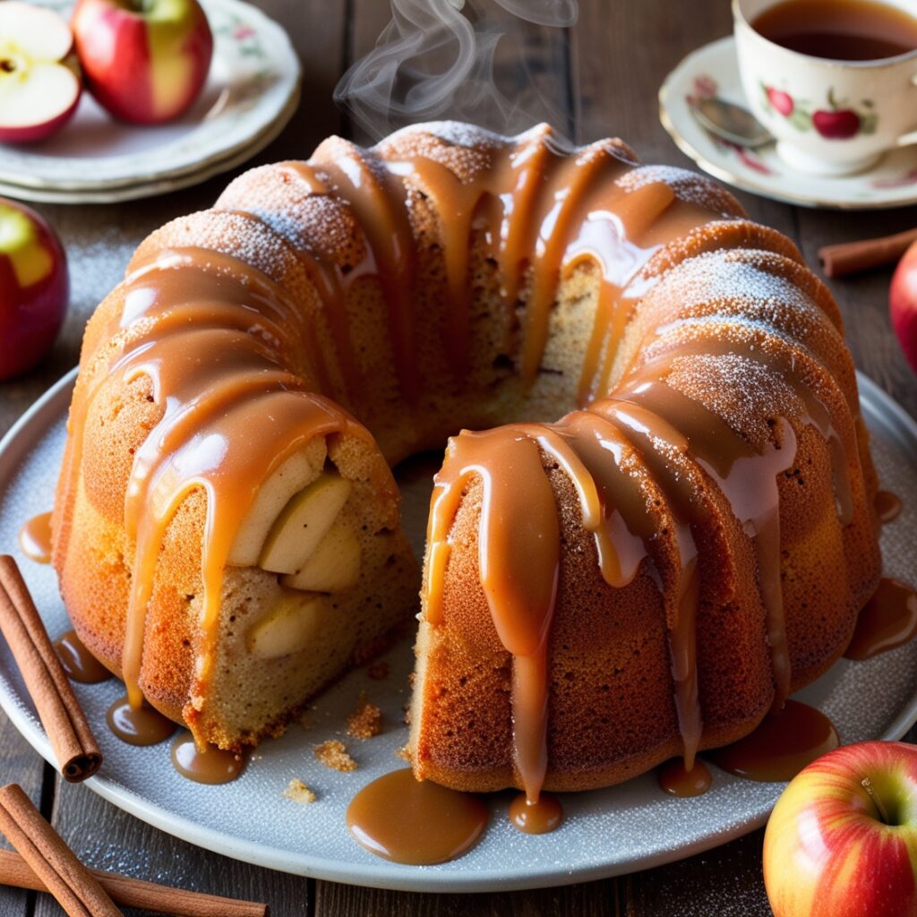 A slice of old-fashioned apple bundt cake drizzled with caramel sauce, topped with powdered sugar, and served on a rustic plate.