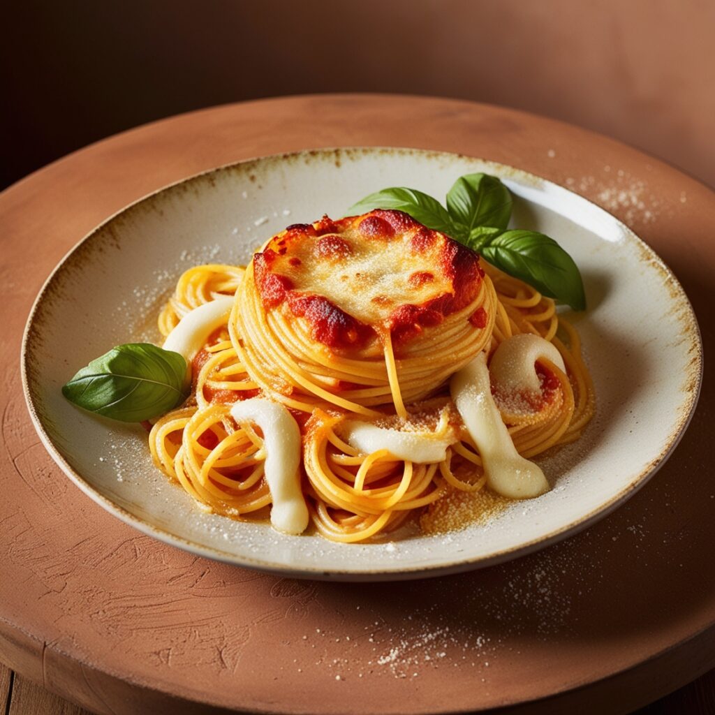 Delicious baked spaghetti casserole with layers of melted cheese, marinara sauce, and tender pasta, served in a glass dish