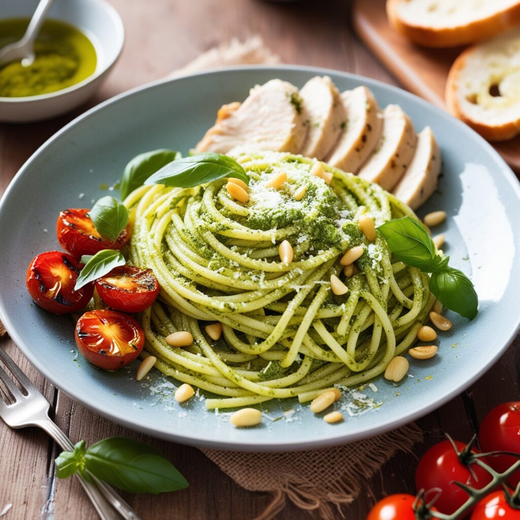 Close-up of pesto pasta with grilled chicken, roasted cherry tomatoes, Parmesan cheese, and basil leaves