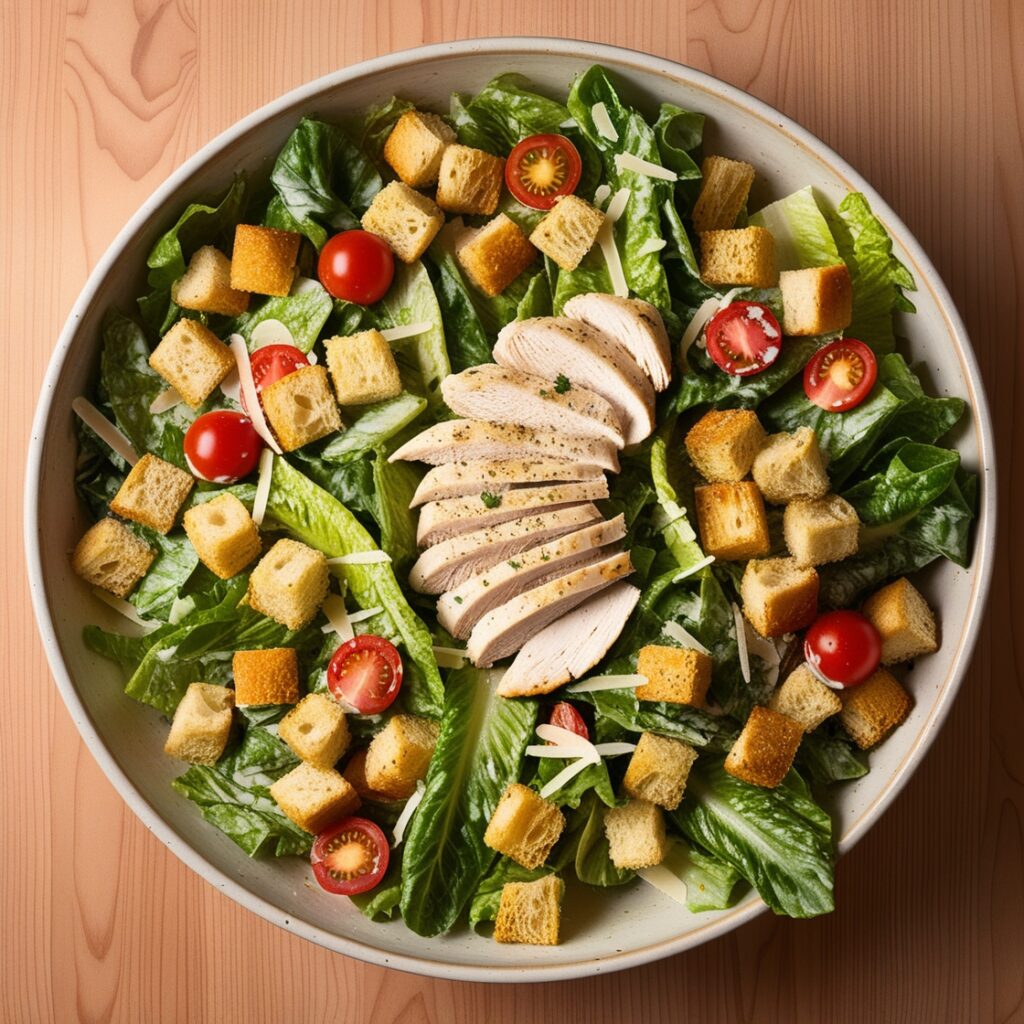 Chicken Caesar Salad with grilled chicken, romaine lettuce, Parmesan cheese, croutons, and Caesar dressing"