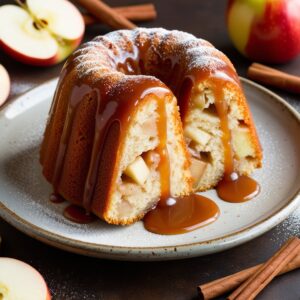 A single slice of moist old-fashioned apple bundt cake, with caramel drizzle and powdered sugar, ready to enjoy.