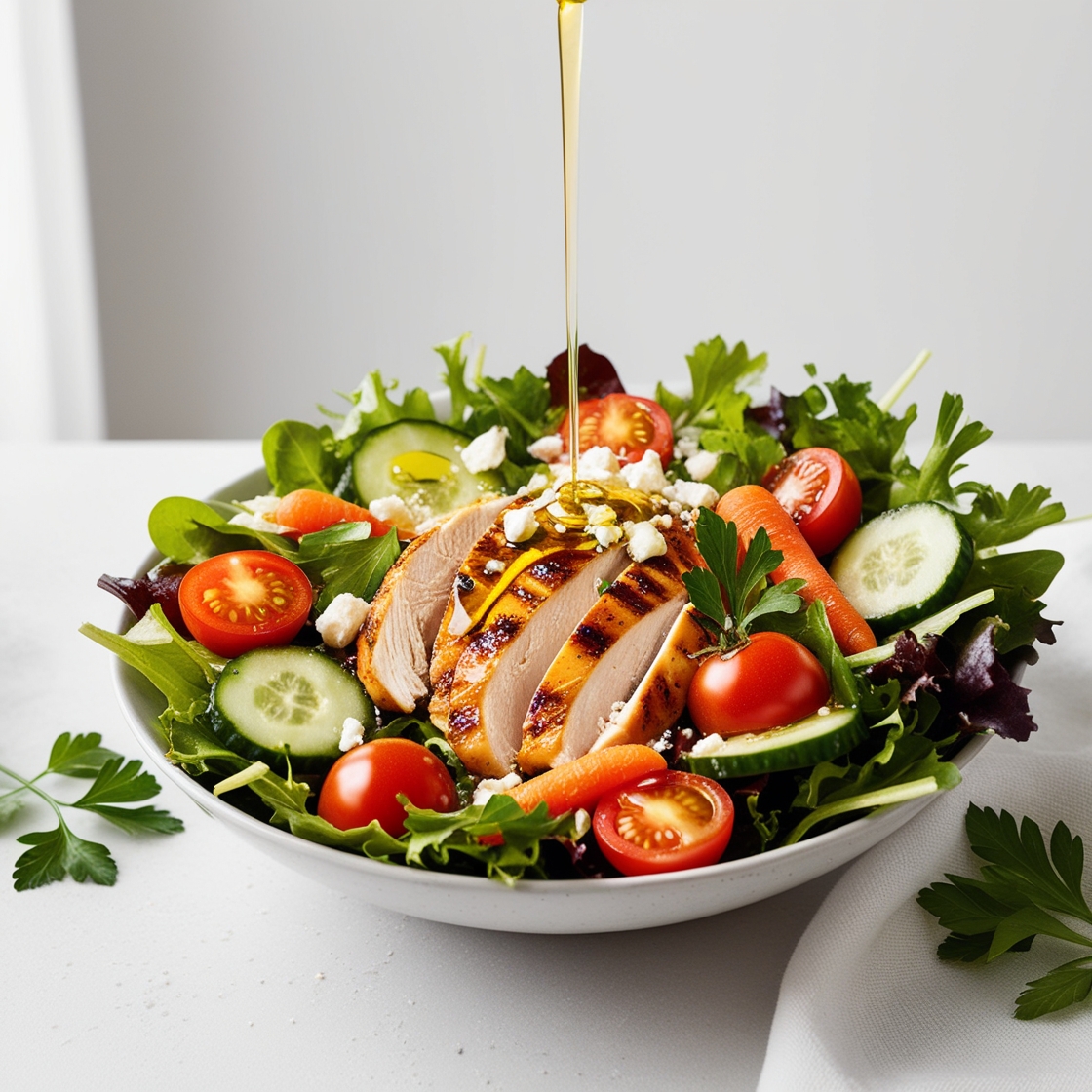 Chicken Caesar Salad with grilled chicken, romaine lettuce, Parmesan cheese, and croutons served with homemade Caesar dressing.
