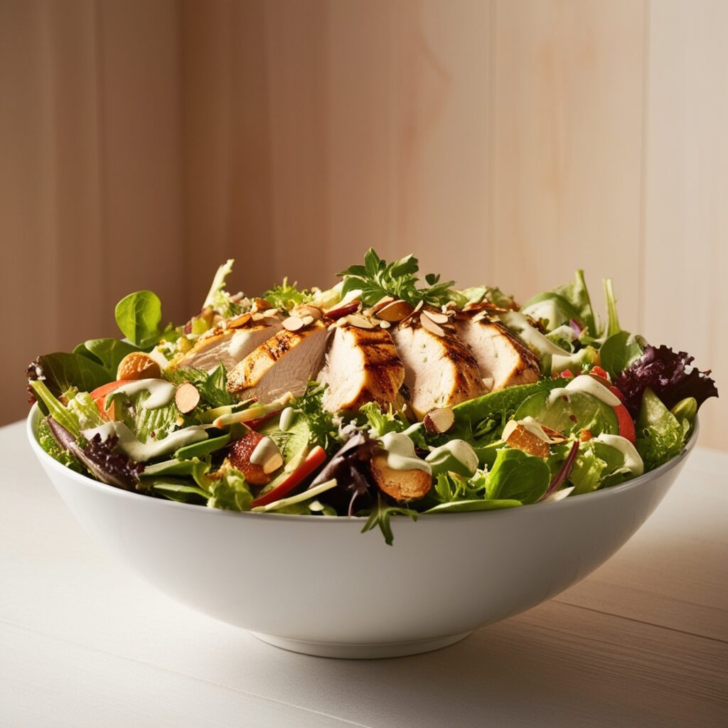 Healthy chicken salad with grilled chicken, avocado, Greek yogurt dressing, and fresh vegetables in a bowl.