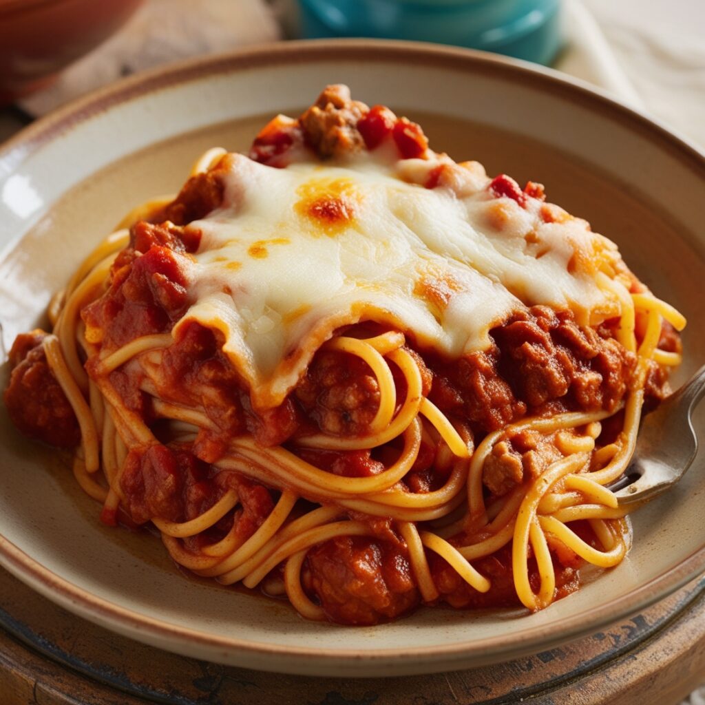 Freshly baked spaghetti casserole with golden melted cheese, served in a glass dish on a rustic table.