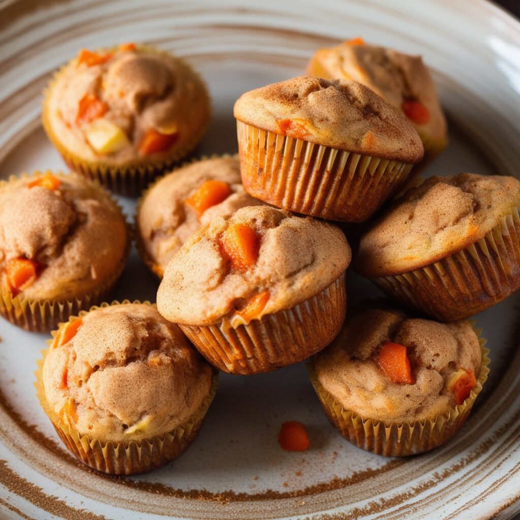Freshly baked apple carrot muffins for toddlers on a wooden tray