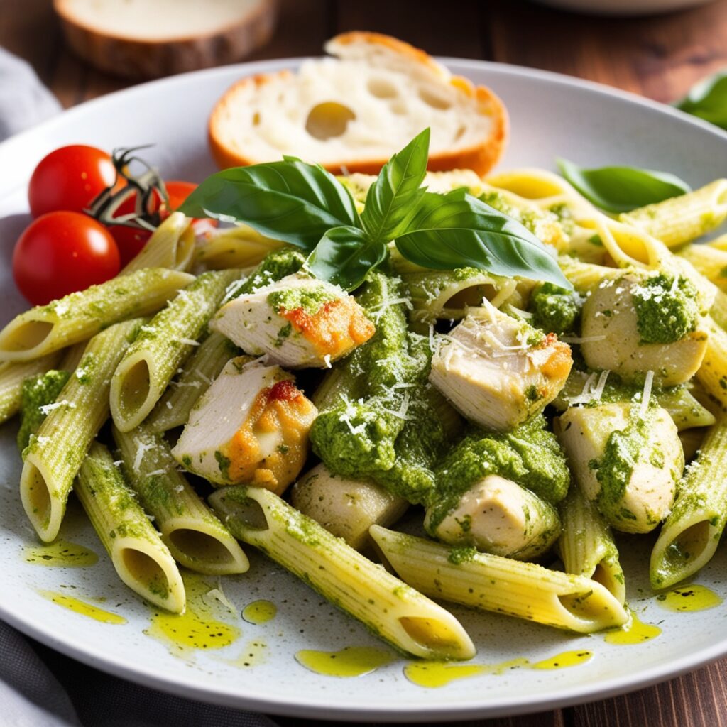 Plate of pesto pasta with roasted vegetables and grilled chicken.