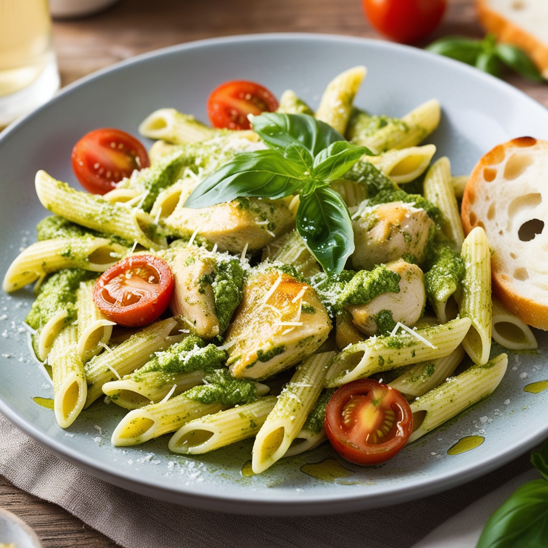 Plate of pesto pasta with chicken, topped with fresh basil and Parmesan