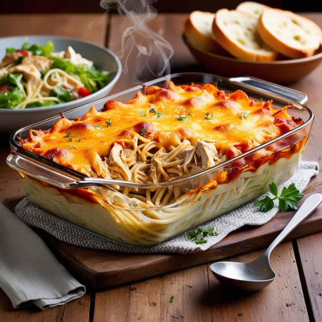 Freshly baked chicken and pasta casserole with golden cheese topping, served hot with garlic bread and salad on a rustic wooden table.