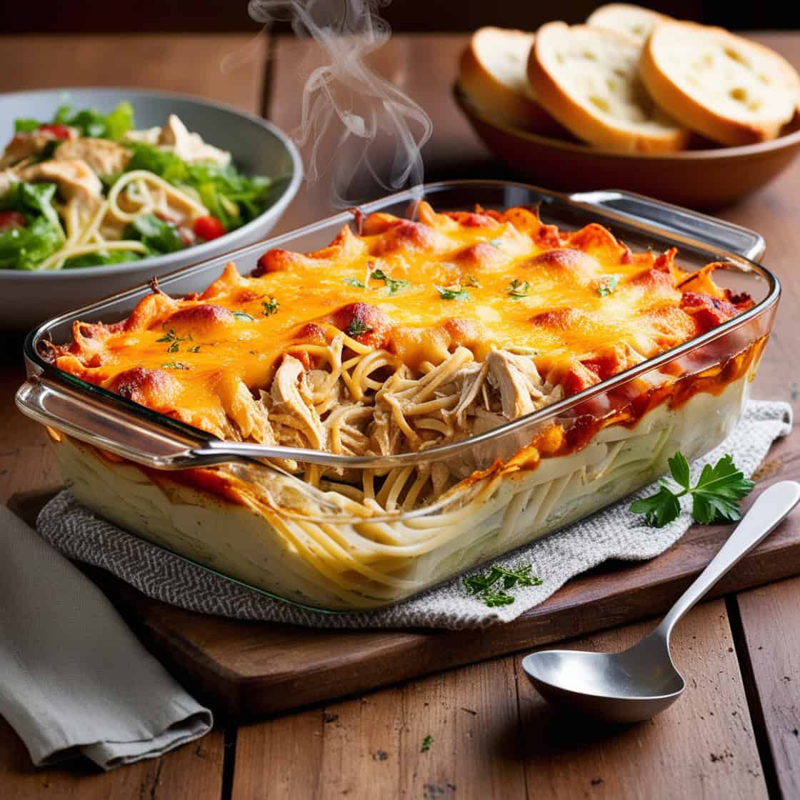 Freshly baked chicken and pasta casserole with golden cheese topping, served hot with garlic bread and salad on a rustic wooden table.