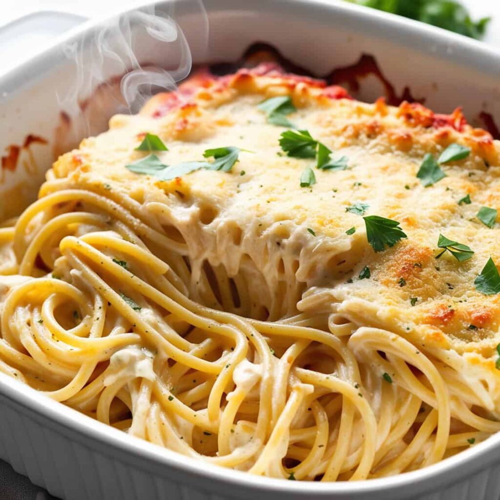 Close-up of creamy baked spaghetti topped with melted cheese, served in a casserole dish