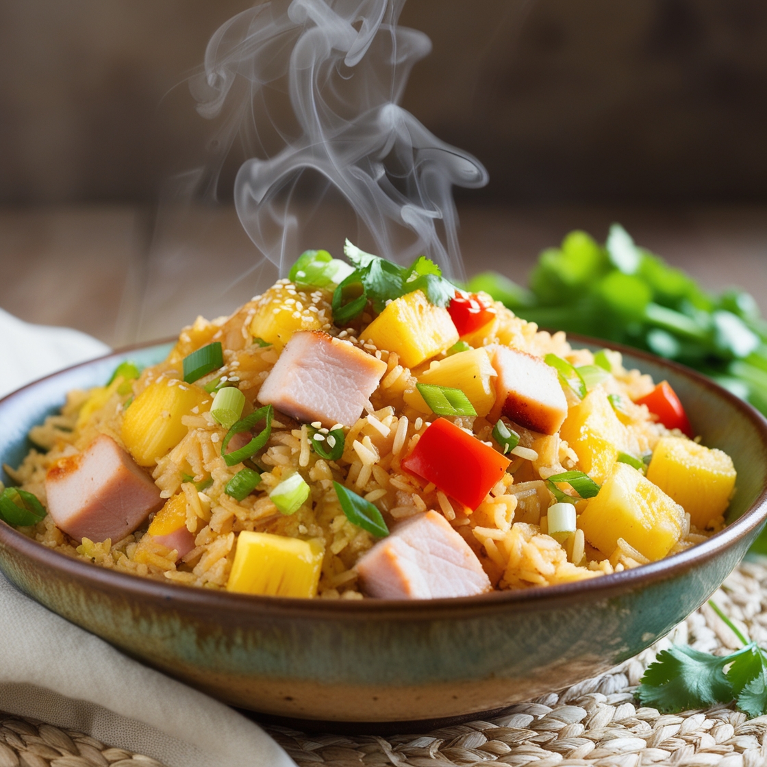 A colorful bowl of Hawaiian Fried Rice with tofu, pineapple, and vegetables, garnished with green onions and sesame seeds.