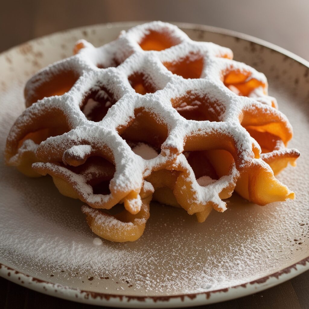 Close-up shot of a golden funnel cake dusted with powdered sugar, served on a rustic plate.