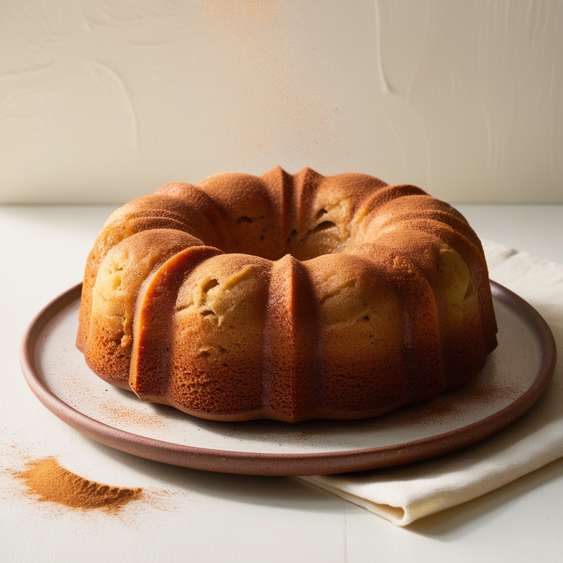 A rustic homemade apple bundt cake with visible apple chunks, lightly dusted with powdered sugar on a simple kitchen counter.