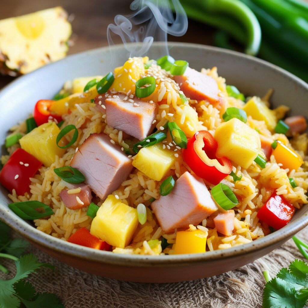 Hawaiian Fried Rice with Spam, pineapple, bell peppers, and peas served in a bowl.