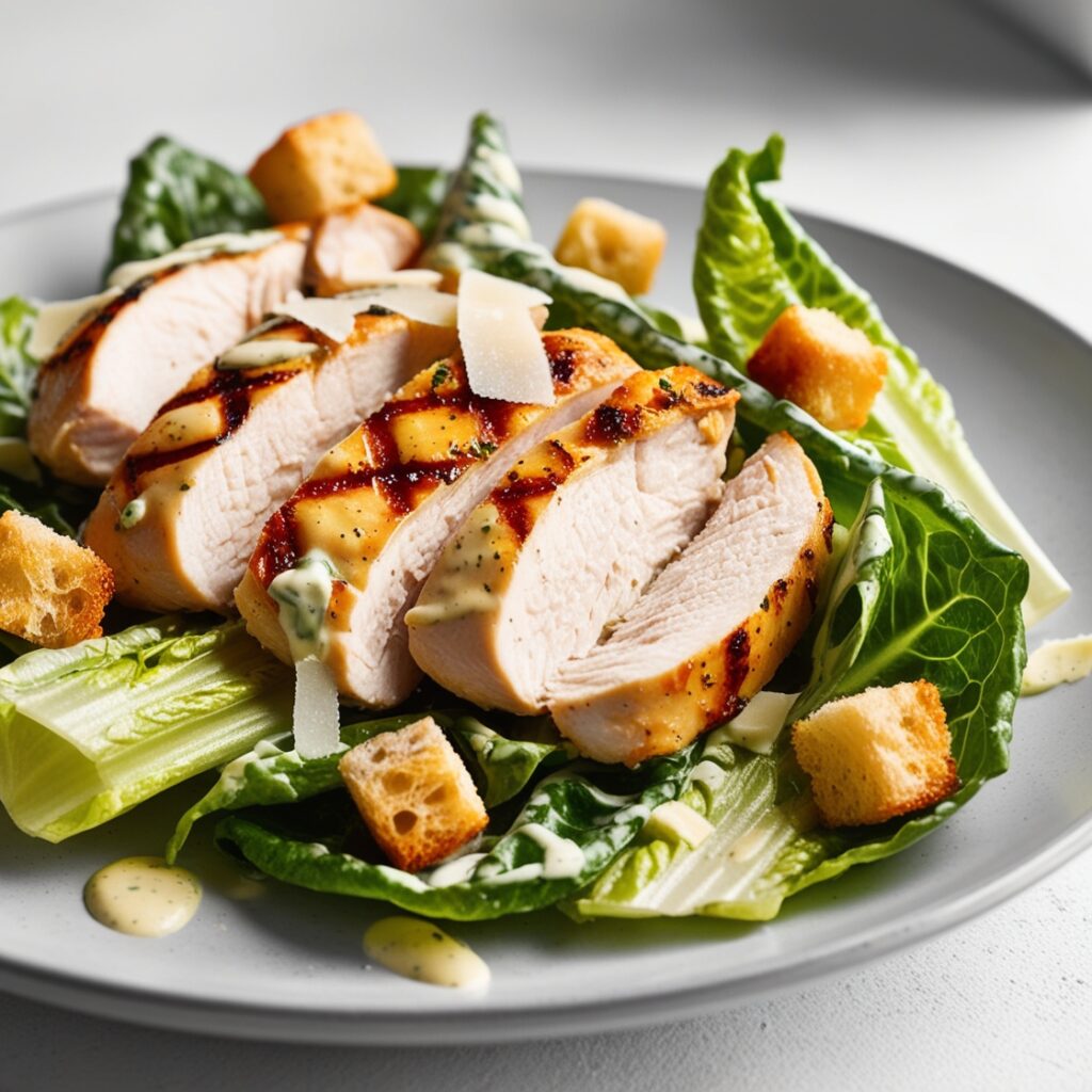 Chicken Caesar Salad with grilled chicken, romaine lettuce, croutons, and shaved Parmesan, served with creamy Caesar dressing.