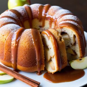 Freshly baked Apple Bundt Cake with a golden-brown crust, topped with brown sugar glaze, surrounded by cinnamon sticks and apples on a rustic table.