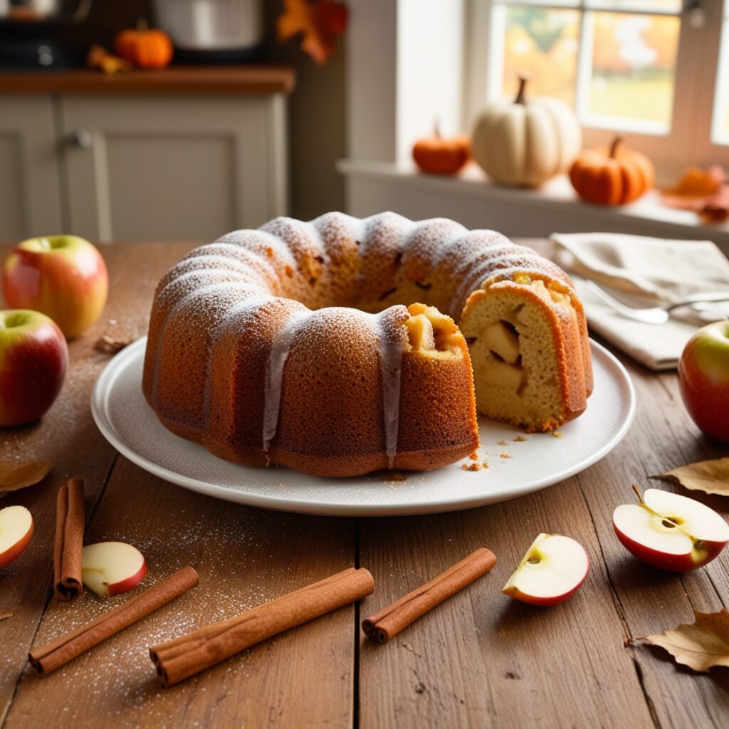 Freshly baked Apple Bundt Cake with a golden-brown crust, topped with brown sugar glaze, surrounded by cinnamon sticks and apples on a rustic table.