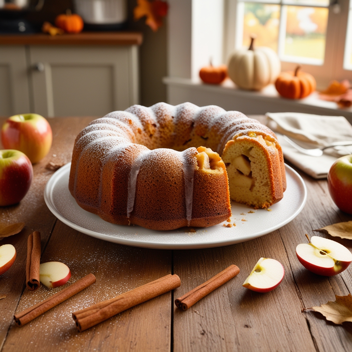 Freshly baked Apple Bundt Cake with a golden-brown crust, topped with brown sugar glaze, surrounded by cinnamon sticks and apples on a rustic table.