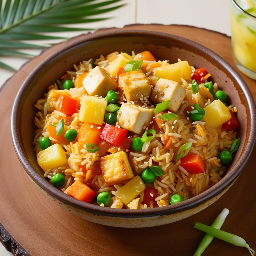 A bowl of authentic Hawaiian Fried Rice with chicken or tofu, colorful vegetables, and pineapple, garnished with green onions and sesame seeds.