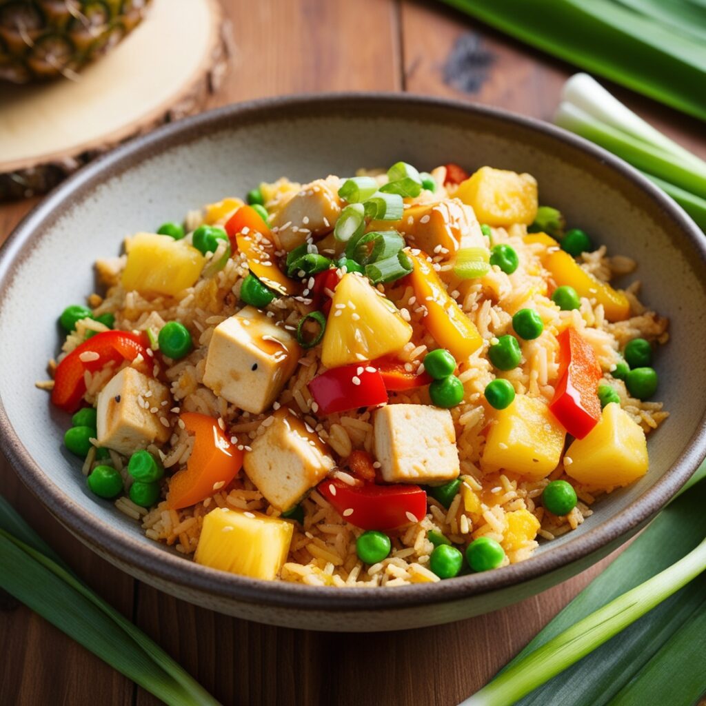 Rustic bowl of Hawaiian Fried Rice with chicken, vegetables, and pineapple, garnished with green onions and sesame seeds.