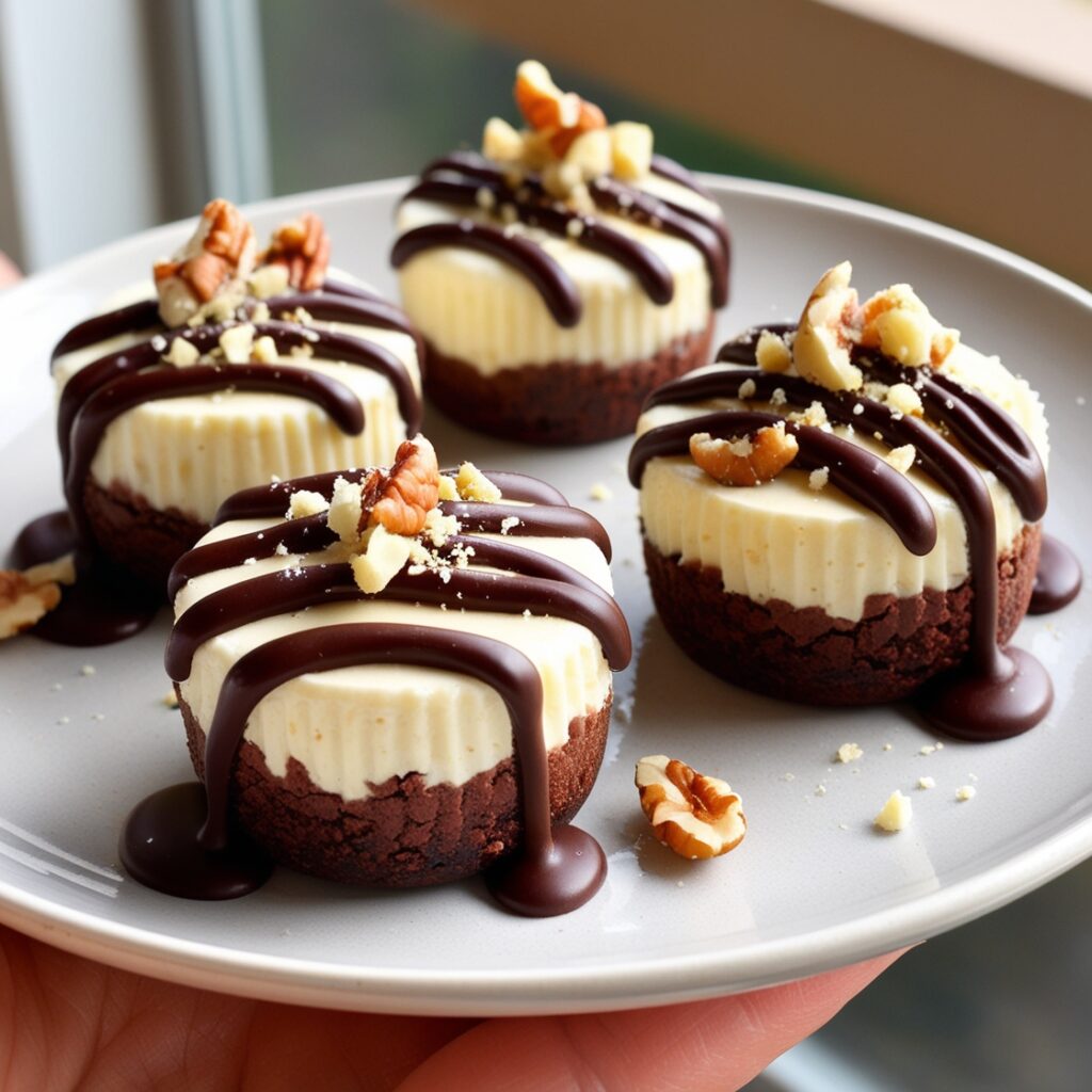 Rich brownie cheesecake bites made with brownie mix, featuring a creamy cheesecake topping.