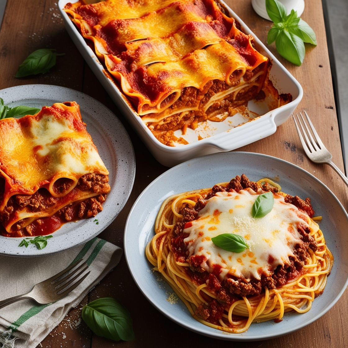 Comparison of two Italian dishes: a golden, layered lasagna with rich meat sauce and melted cheese alongside a plate of baked spaghetti mixed with marinara sauce and mozzarella, both served with fresh basil and parmesan.