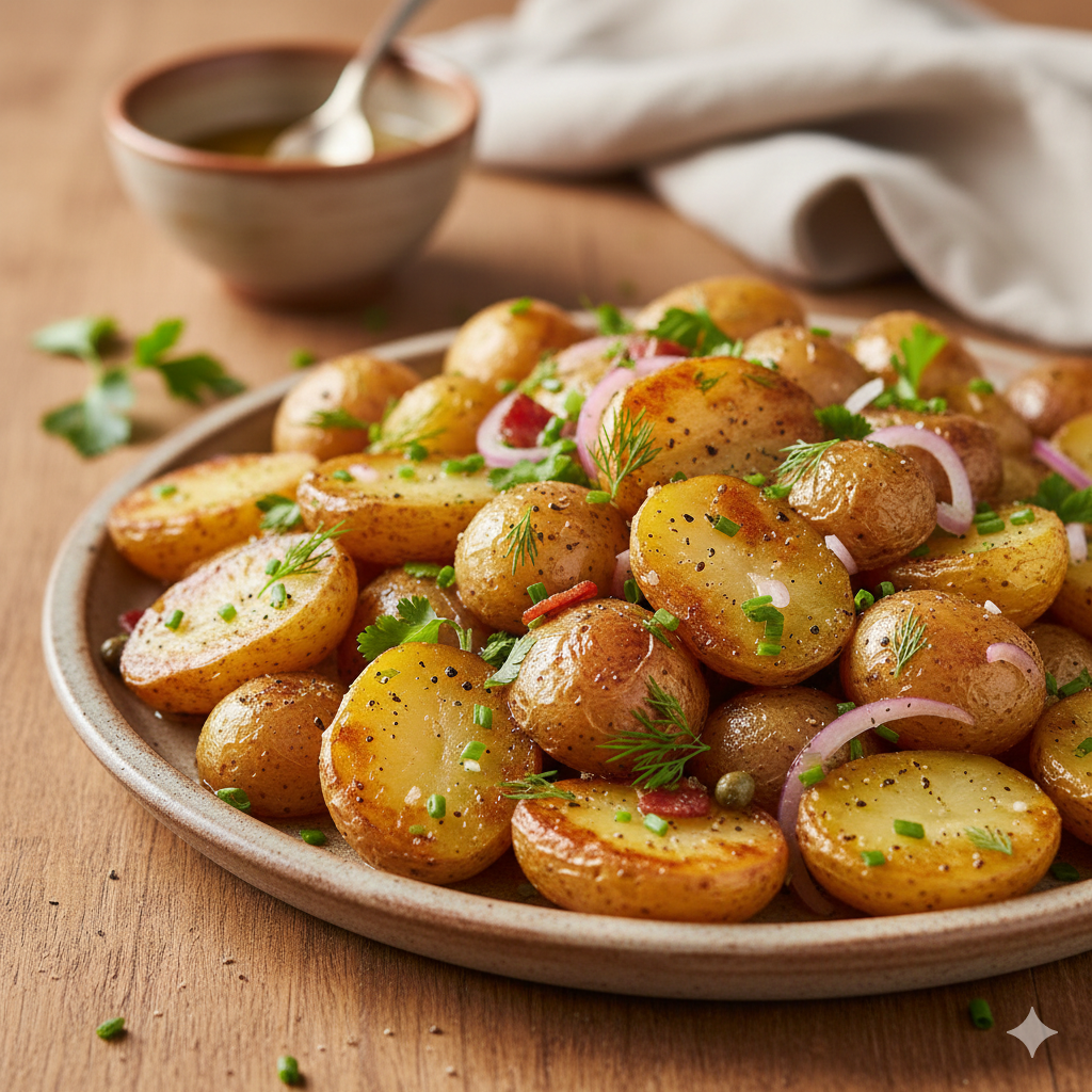Rustic roasted potato salad with golden-brown crispy potatoes, red onions, and fresh parsley, drizzled with mustard vinaigrette.