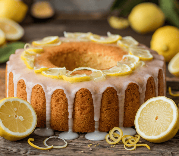 A moist lemon buttermilk pound cake with a golden-brown crust, drizzled with lemon glaze and surrounded by fresh lemons and lemon zest on a rustic wooden table.