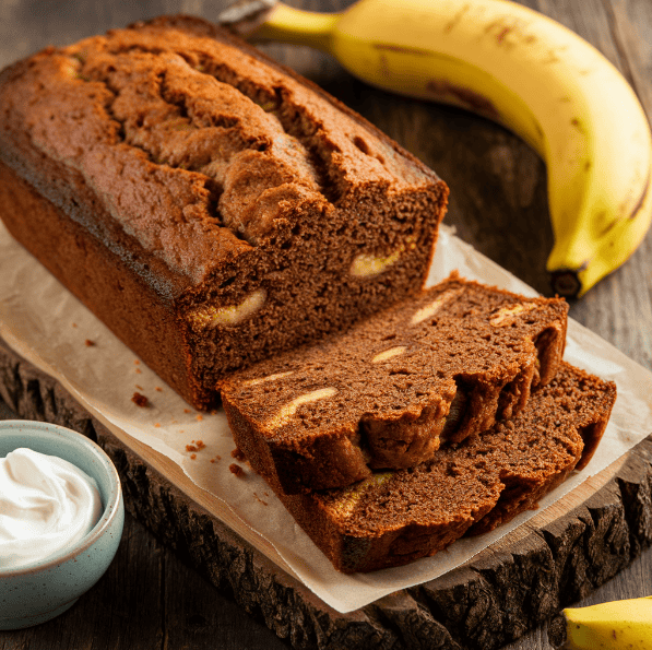 reshly baked banana loaf, sliced to reveal a moist and dense interior, with ripe bananas and sour cream on a wooden board.