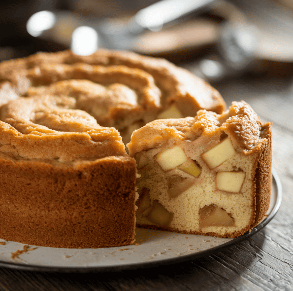 Golden-brown Kentucky Apple Cake with a slice showing moist interior and apple chunks