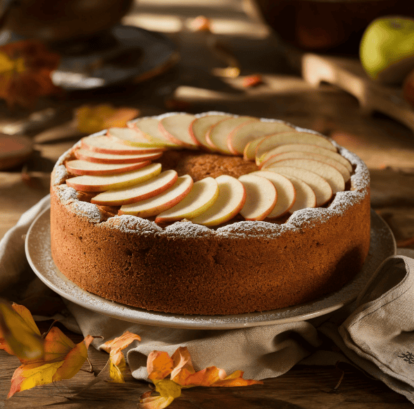 Kentucky Apple Cake Bleu Ribbon on a rustic wooden table with autumn leaves