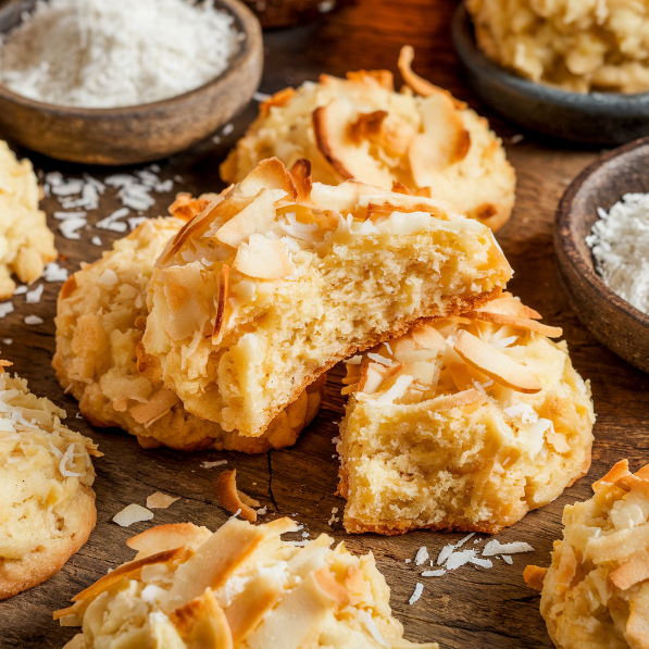 Golden-brown coconut cookies with shredded coconut on a rustic wooden table.