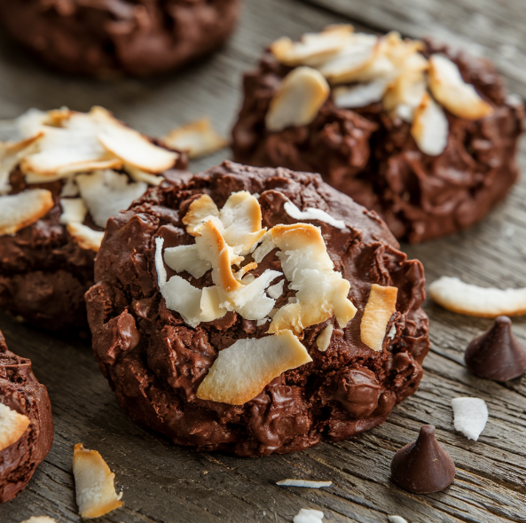 Freshly baked chocolate coconut cookies with melted chocolate chips and toasted coconut flakes on a rustic table.