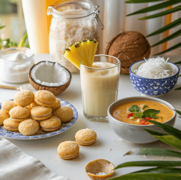 A variety of coconut-based dishes including coconut macaroons, a pineapple-coconut smoothie, and Thai coconut curry soup on a kitchen countertop.