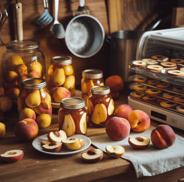 Jars of preserved peaches and pears with fresh fruit slices and preservation tools.