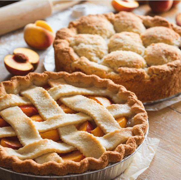 Side-by-side comparison of peach pie with lattice crust and peach cobbler with biscuit topping.