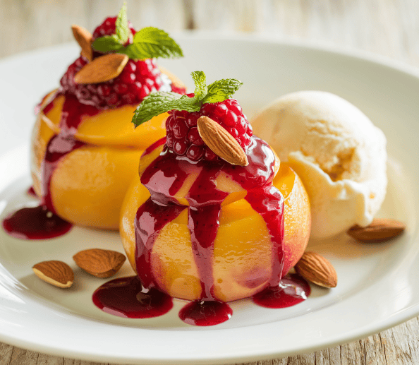 Peach Melba dessert with poached peaches, raspberry sauce, vanilla ice cream, and mint garnish