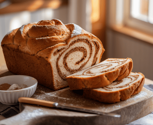 A sliced loaf of homemade cinnamon swirl bread showing the swirl of cinnamon and sugar, sitting on a rustic cutting board in a cozy kitchen.